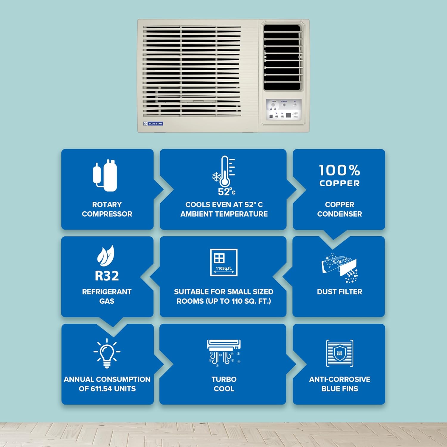 Blue Star WFE309L 0.8 Ton 3 Star Fixed Speed Window AC (Copper, Turbo Cool, Fan Modes-Auto/High/Medium/Low, Hydrophilic Blue Fins, Dust Filters, Self-Diagnosis, White) Mahajan Electronics online