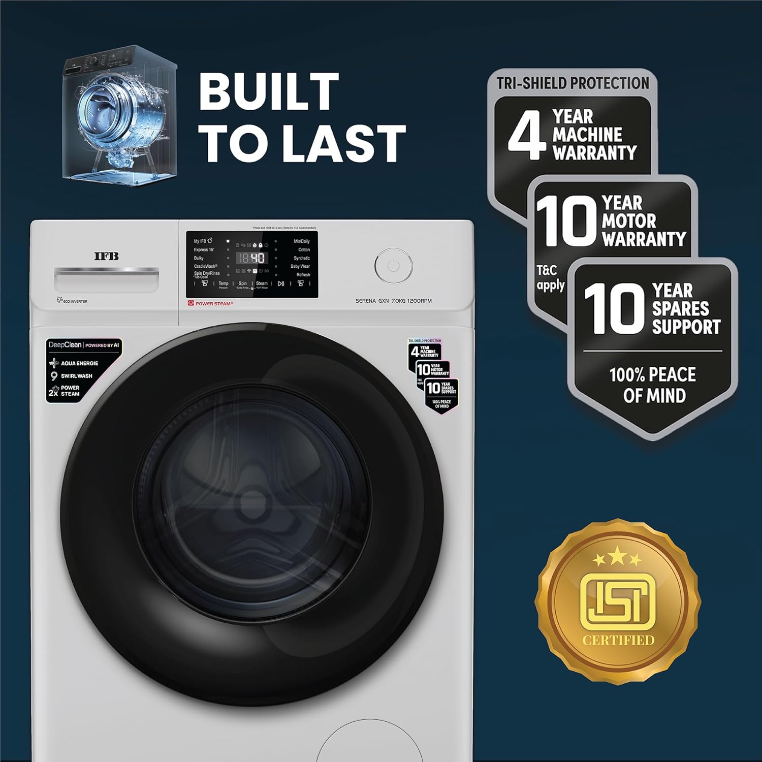 IFB SERENA GXN 7012 CMS 7 Kg 5 Star, DeepClean® Technology, AI Powered, WiFi, Fully Automatic Front Load Washing Machine ( PowerSteam®, 9 Swirl, Steam Refresh, Inbuilt Heater, Eco Inverter, Grey) Mahajan Electronics Online