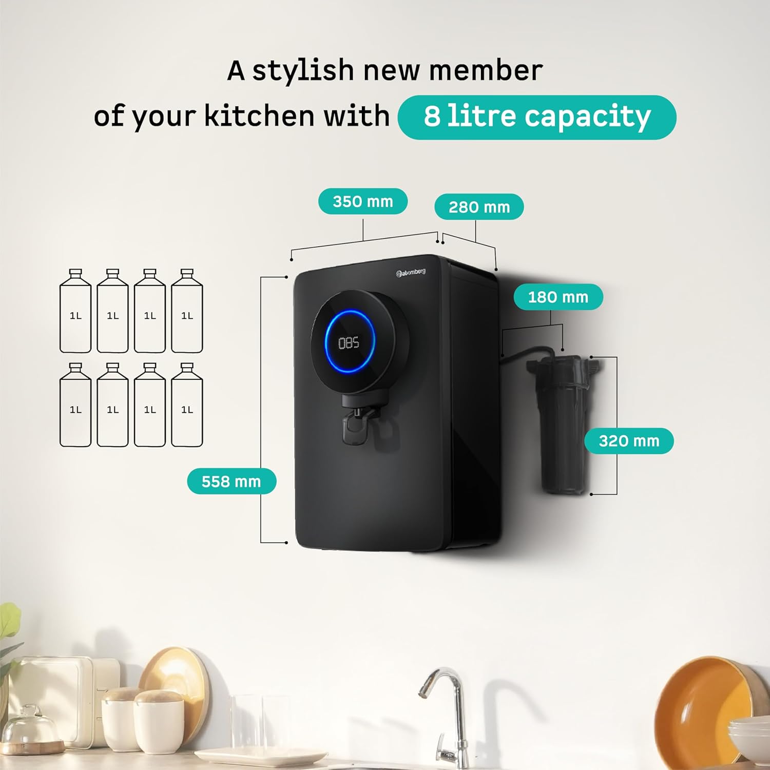 Atomberg Intellon RO Water Purifier 8L | RO+UF+UV+Alkaliser | Smart IoT | 2Yr No Cost Filter | Adaptive TDS
