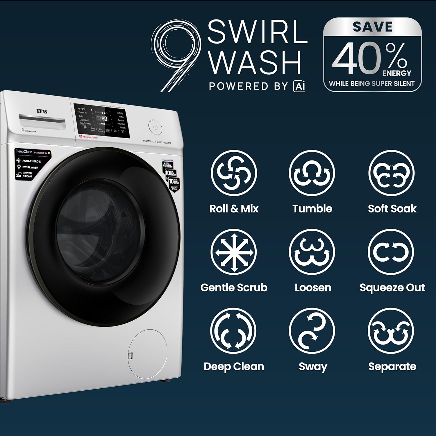 IFB Senator SXN 8014K 8 Kg 5 Star with 9 Swirl Wash, AI Powered, Wi-Fi, Fully Automatic Front Load Washing Machine (Steam Refresh Program with Eco Inverter, Rich Silver) Mahajan Electronics online