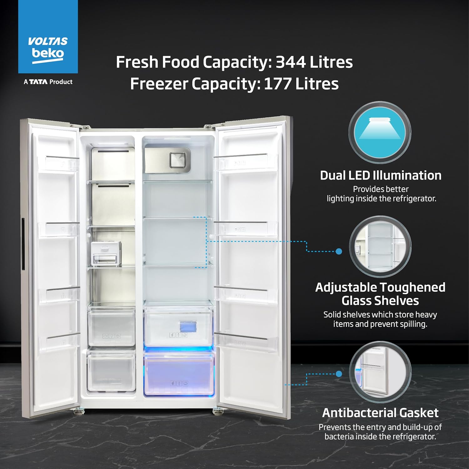 Voltas Beko RSB585/FPV300RXID 563 L Side by Side Frost Free Refrigerator with ProSmart Inverter Compressor (2024 Model, INOX, Active Fresh Blue Light) Mahajan Electronics Online