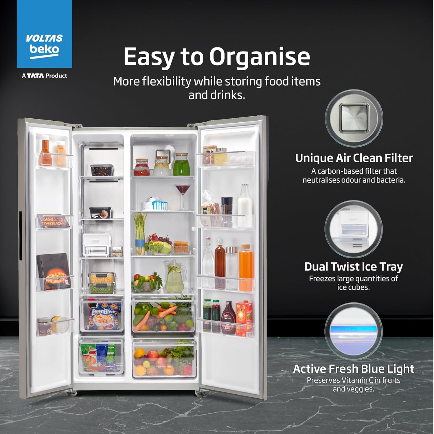 Voltas Beko RSB585/FPV300RXID 563 L Side by Side Frost Free Refrigerator with ProSmart Inverter Compressor (2024 Model, INOX, Active Fresh Blue Light) Mahajan Electronics Online