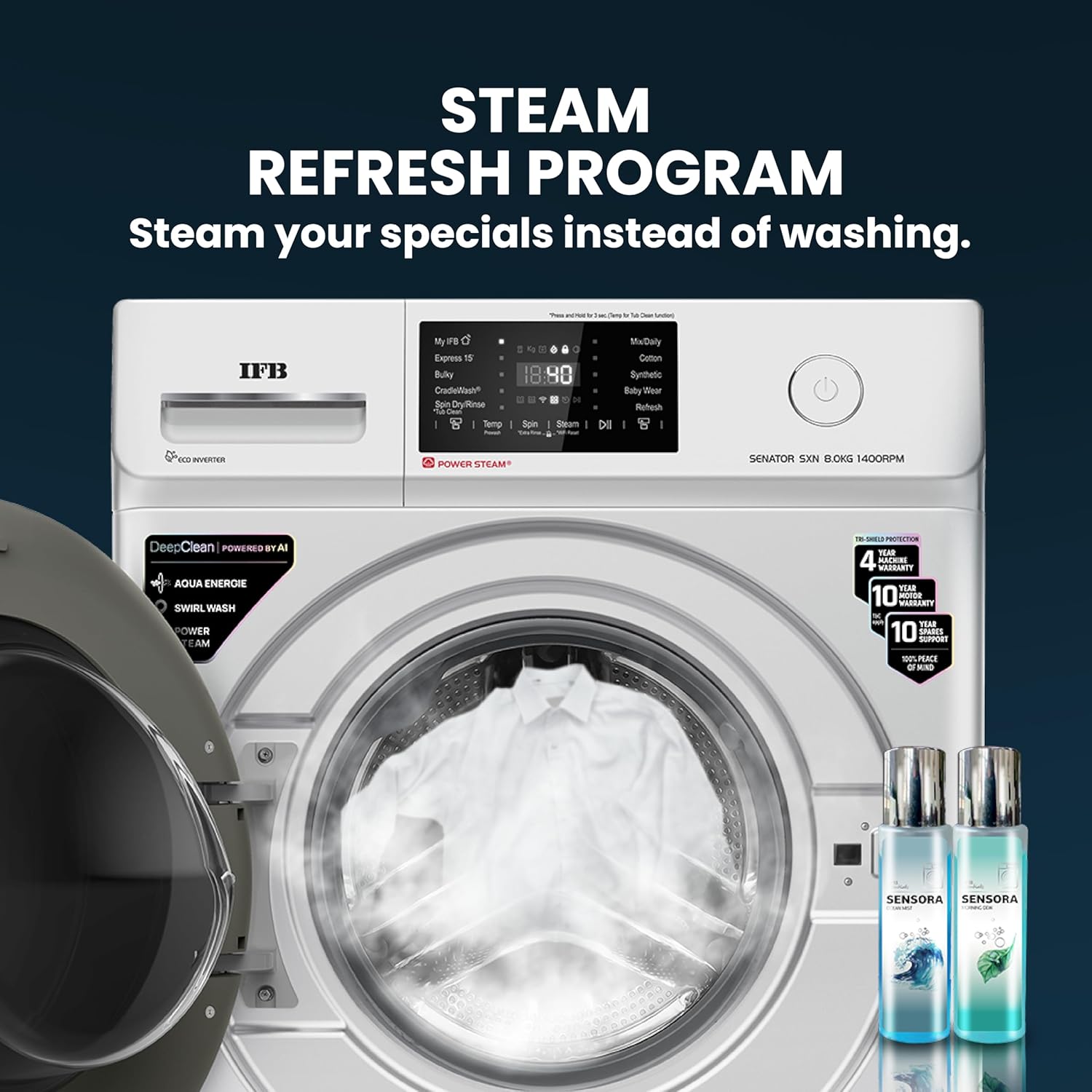 IFB Senator SXN 8014K 8 Kg 5 Star with 9 Swirl Wash, AI Powered, Wi-Fi, Fully Automatic Front Load Washing Machine (Steam Refresh Program with Eco Inverter, Rich Silver) Mahajan Electronics online