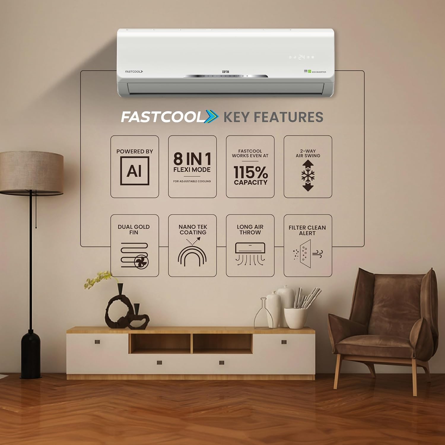 IFB CI133SS11RGM1 2025 Model Silver Star Series 1 Ton 3 Star Split AC with HD Compressor, AI, Dual Gold Fin, Nano Tek Coating & 8-in-1 Flexi Mode – White (Copper Condenser) Mahajan Electronics online