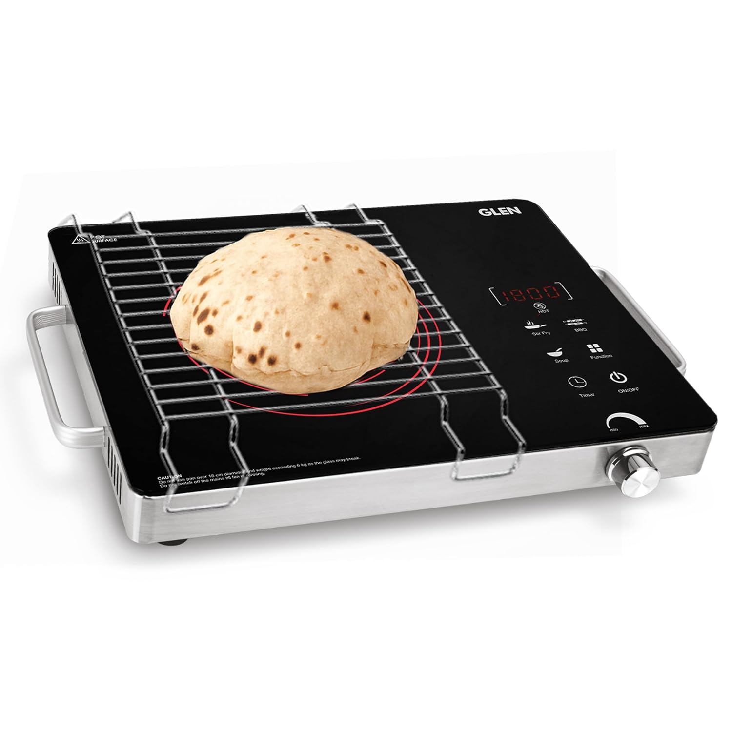 Glen SA 3072 IR 2200W Infrared Cooktop with Steel Grill Rack, Touch Control, Polished Crystal Glass Plate, Digital Display, 4 Preset & Timer, 4.5kV Surge Protection | Compatible with All Metals & Flat Bottom Mahajan Electronics Online
