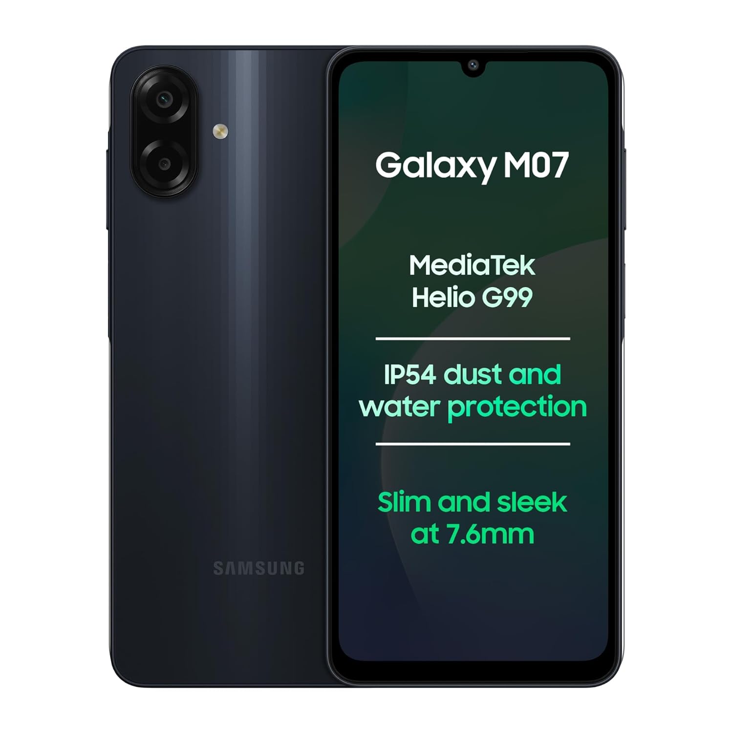Samsung Galaxy M07 (Black, 4GB RAM, 64GB Storage) | MediaTek Helio G99 | IP54 Rating | 50MP Auto Focus Camera | 7.6mm Slim | 5000mAh Battery| 25W Fast Charging | 6 Gen of OS Upgrades | Without Charger Mahajan Electronics Online