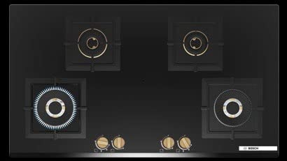 Bosch PNF9B6G20I Built in Gas Hob Black Tempered glass Glass 4 Burner Auto Ignition 90 cm Full Brass 3D Ring Burners with Matt Black Heat Shields & Cast Iron pan supports - Mahajan Electronics Online