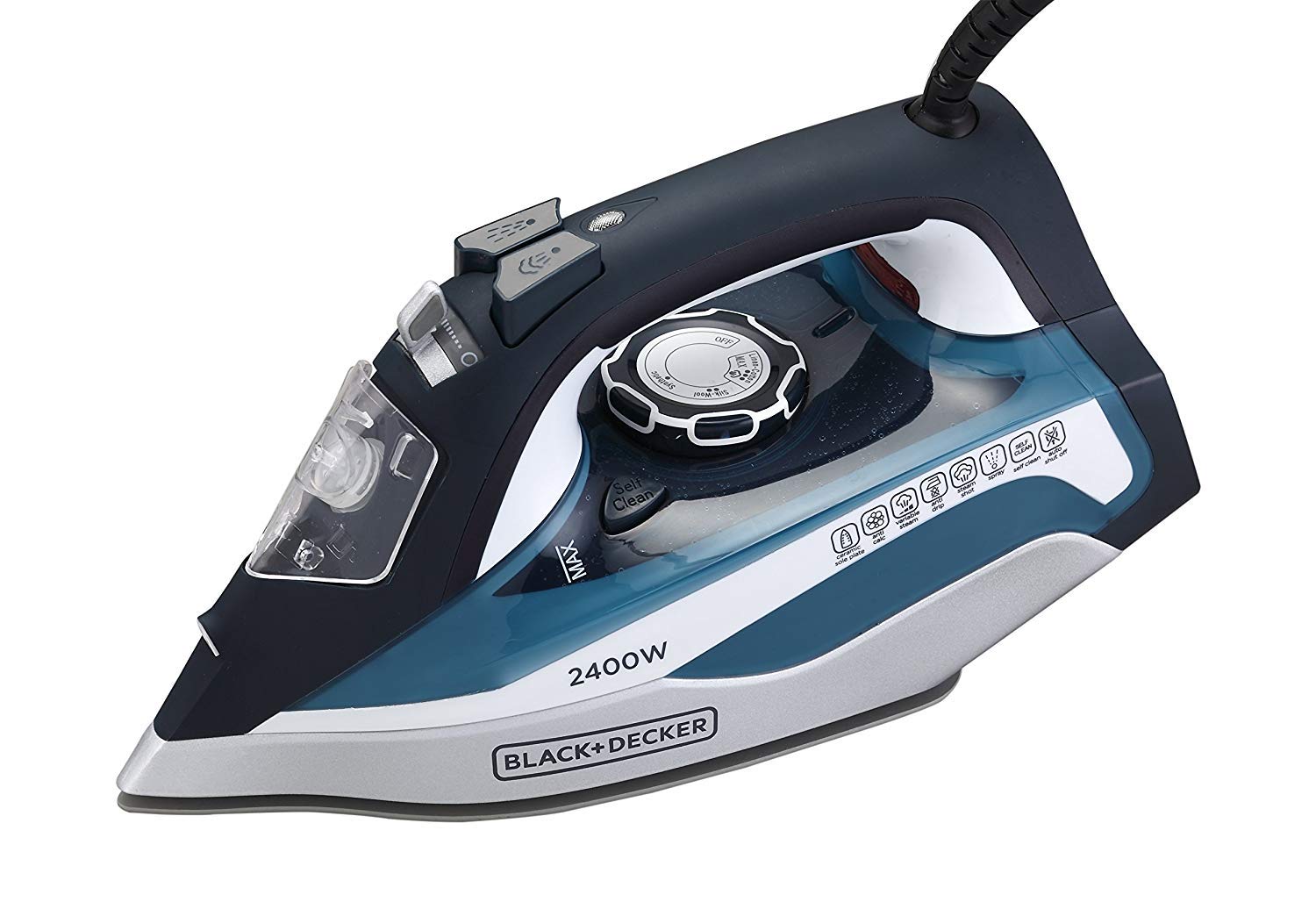 Black + Decker Steam BXIR2401IN Iron Press 2400-Watt with Auto Shut Off and Ceramic Sole Plate Coating | 2 year warranty (Blue) - Mahajan Electronics Online