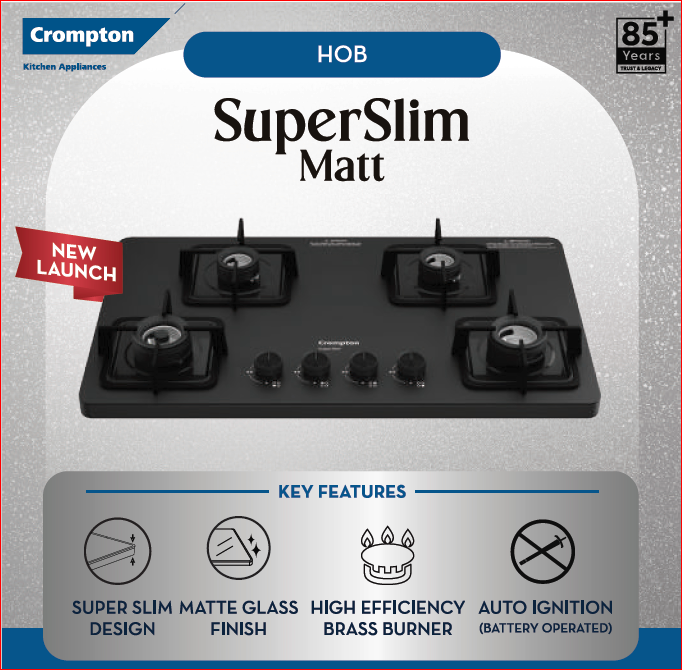 Crompton TAB-SMHB783-MBL SuperSlim Matt  78 cm 3 Burner Hob with Auto Ignition, Brass Burners and Toughened Glass Top ( Matt Black) Mahajan Electronics Online