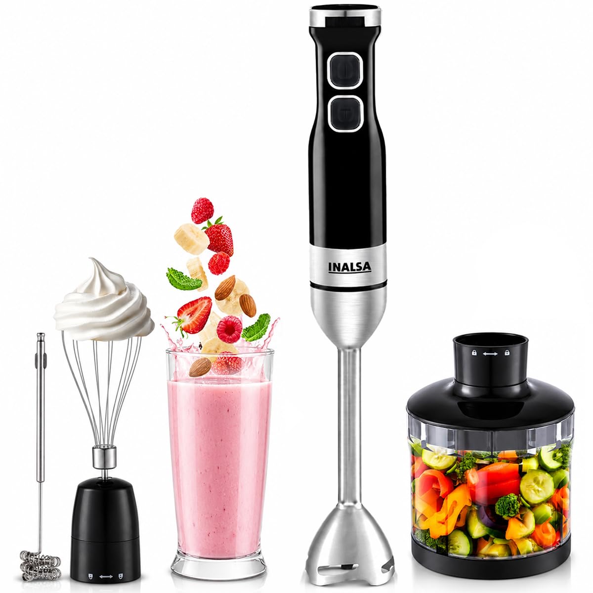 INALSA Robot INOX 1350 Blend Hand Blender Mixer|1350W Copper Motor|Chopper,Coffee Beater/Frother,Whisker&Jar Attachment|Low Noise|20 Speed Control&Turbo Mode|BPA Free|Anti-Splash|2-Yr Warranty, N Froth INALSA