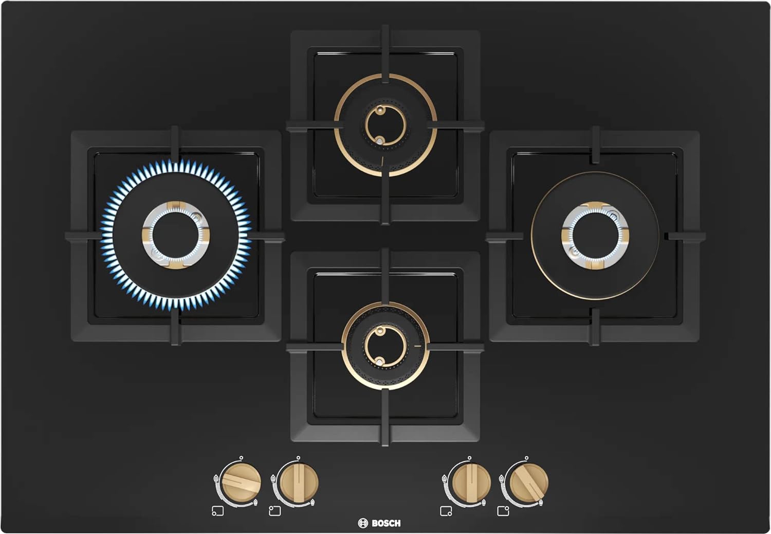 Bosch PNI7B6F20I Built in Gas Hob Black Tempered glass Glass 4 Burner Auto Ignition 75 cm True Brass 2D Ring Burners with Matt Black Heat Shields & Cast Iron pan supports Mahajan Electronics online