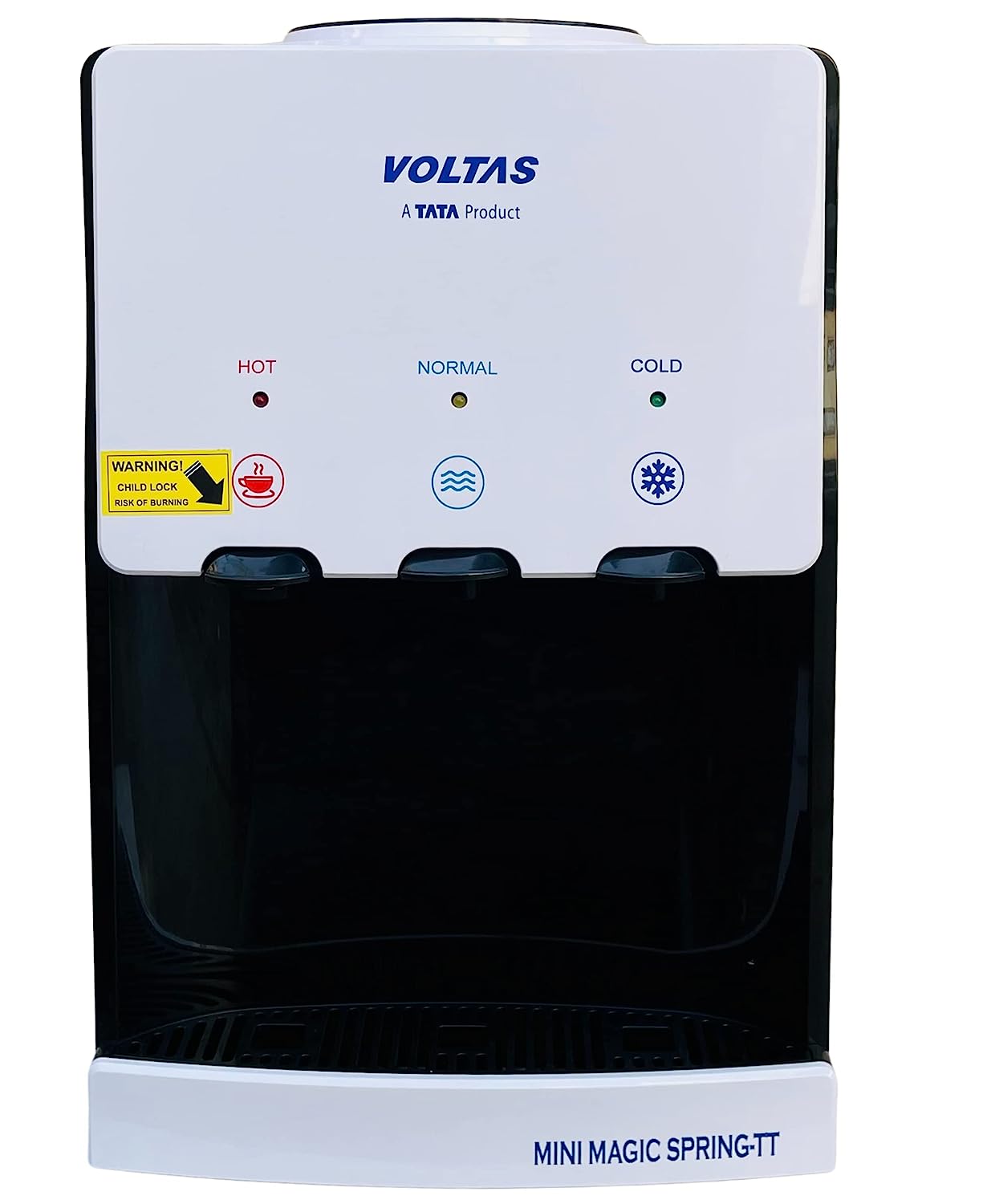 Voltas Spring TT Plus Table Top Water Dispenser with Three Temperature Tap and Compact Design (White and Black) - Mahajan Electronics Online