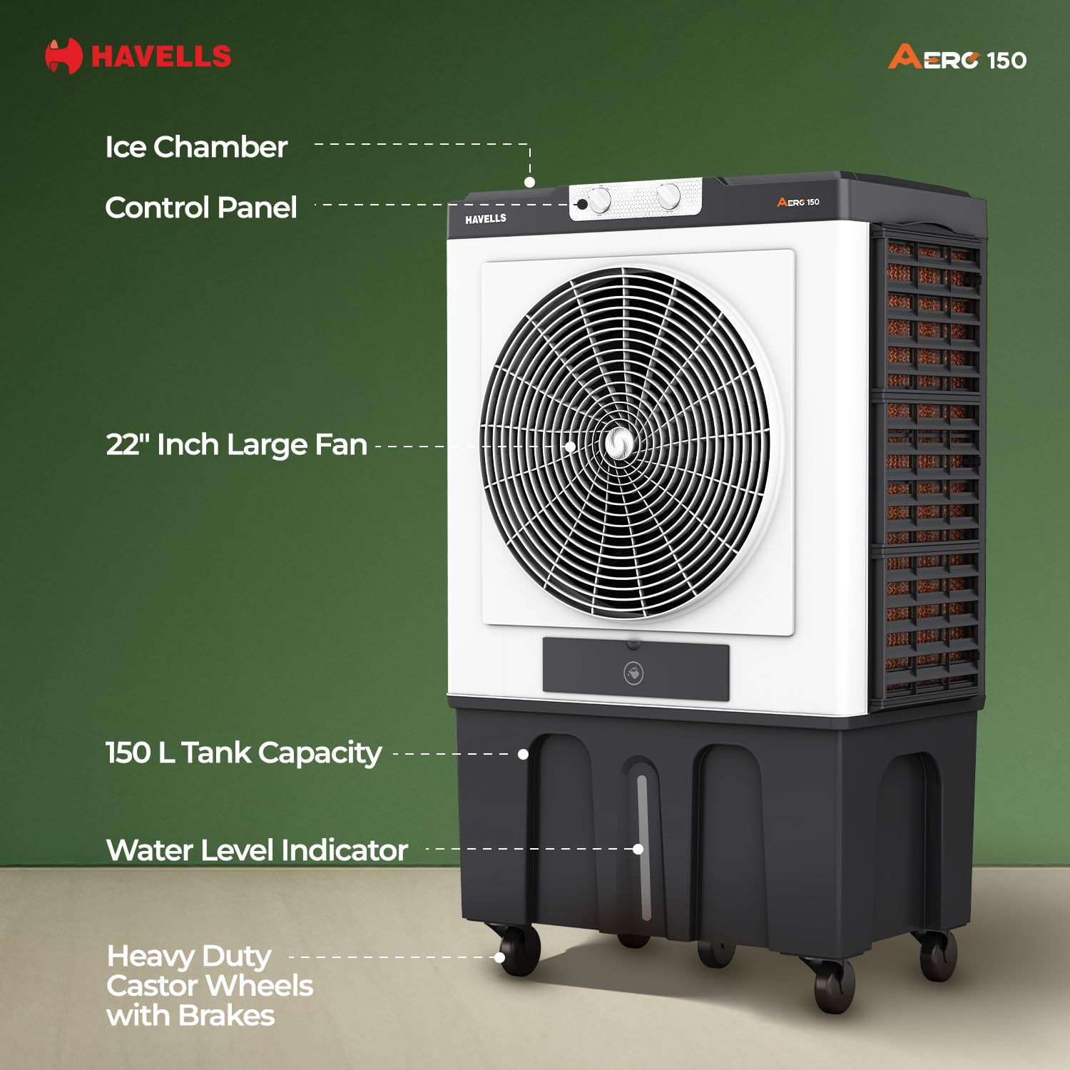 Havells 150L Aero Premium Desert Cooler | Auto Fill | XXL Ice Chamber | 3 Side Cooling Pads | Dust Filter | Heavy Duty Air Throw | Grey