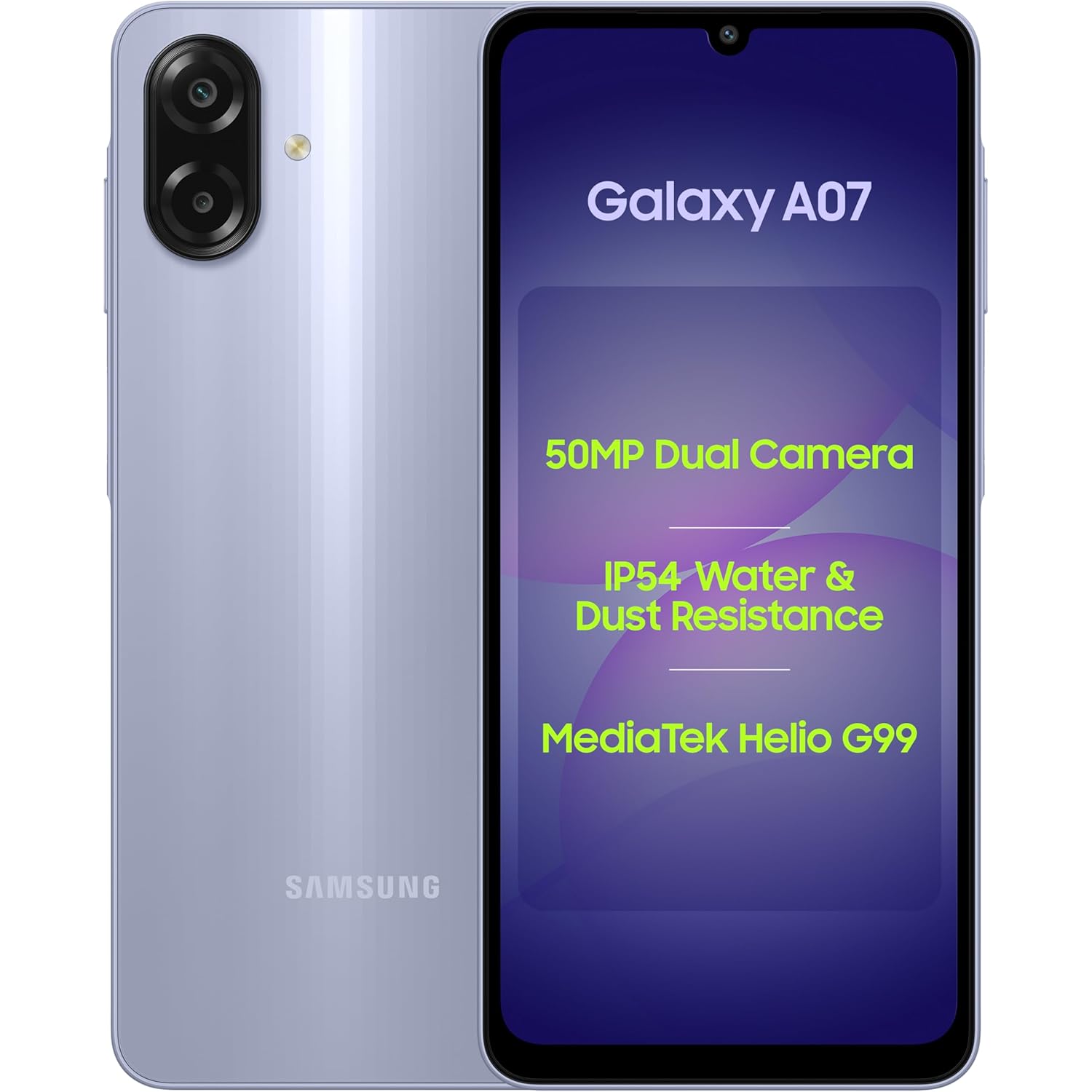 Samsung Galaxy A07 LTE (Light Violet, 4GB RAM, 64GB Storage) | 50MP Dual Camera | 6.7 Inch HD+ Display | 90Hz Refresh Rate | MediaTek Helio G99 (6nm) | IP54 | 6 Gen OS Upgrade and Security Update Mahajan Electronics Online