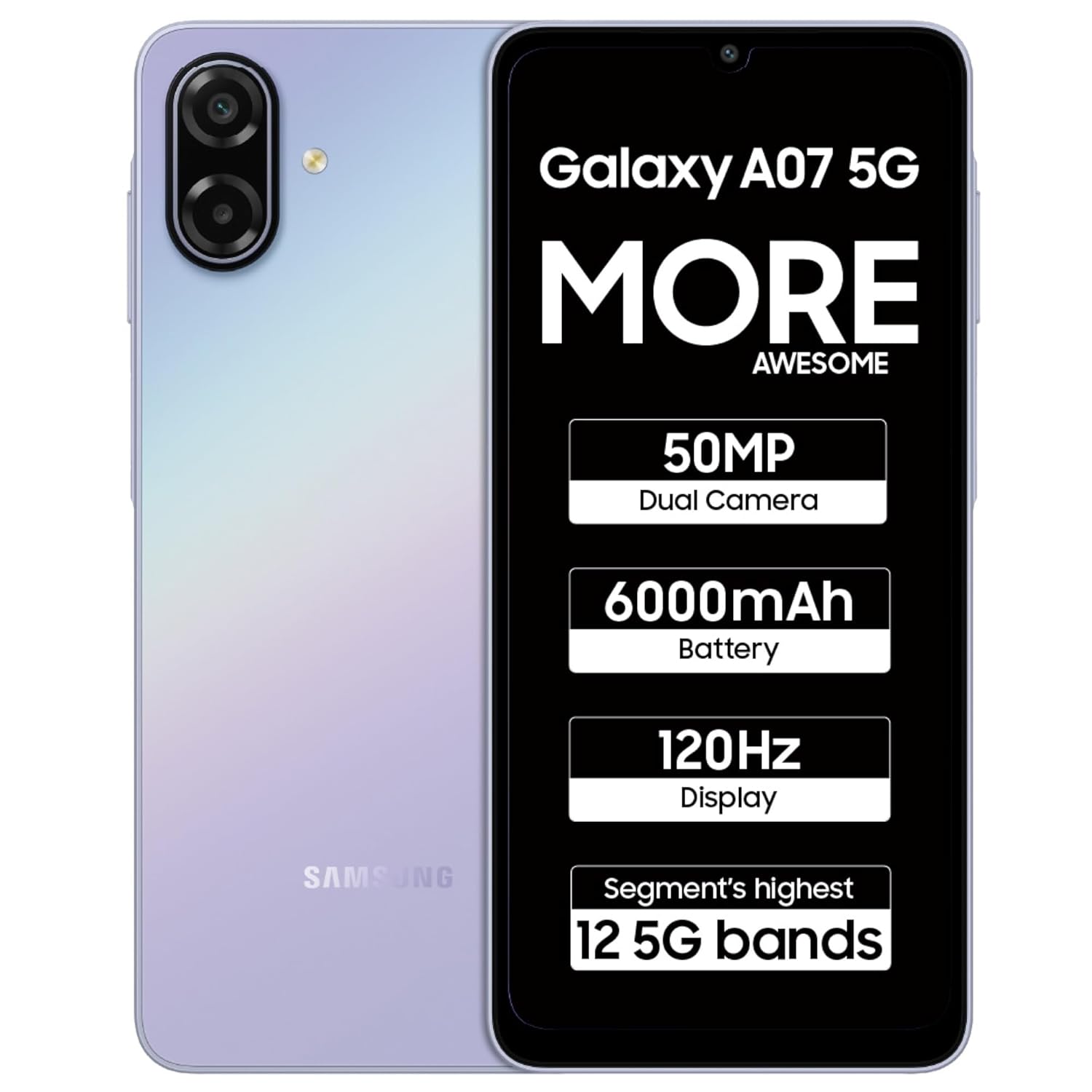 Samsung Galaxy A07 5G Smartphone (Light Violet, 4GB RAM, 128GB Storage) | 120Hz Refresh Rate | Massive 6000mAh Battery | 50MP True Dual Camera | 6 Gen OS Upgrades | Knox Vault Mahajan Electronics Online
