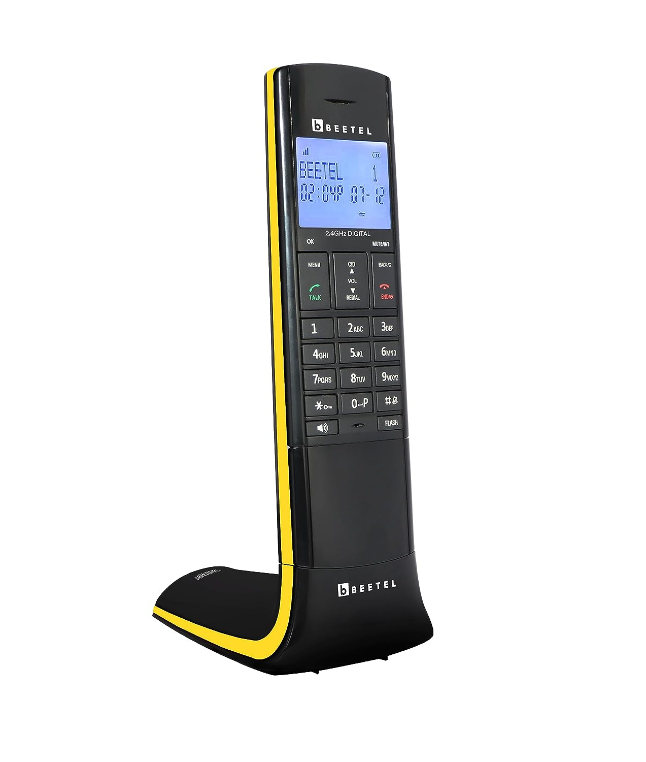 Beetel Newly Launched X95 Designer Cordless landline, Proudly Designed in India, 2.4GHz, Dual Tone, Blue-White LCD, 2-Way Speaker phone, Ringer & Volume control, Auto Answer, Alarm (X95)(Black/Yellow) - Mahajan Electronics Online