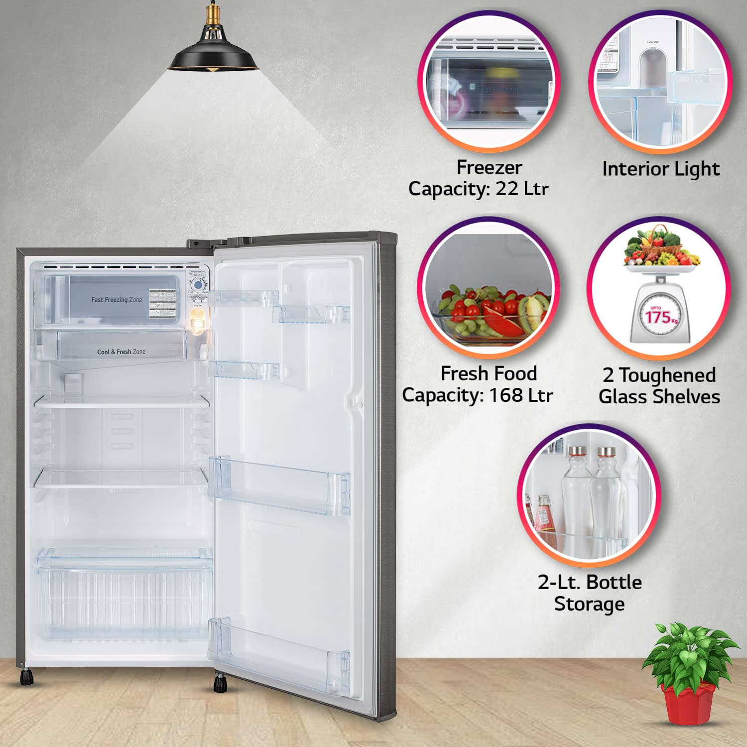 LG GL-B199ODSB 185 L Direct Cool Single Door Refrigerator | 2 Star Rating | Toughened Glass Shelves | Anti-Bacterial Gasket | Stabilizer Free Dazzle Steel