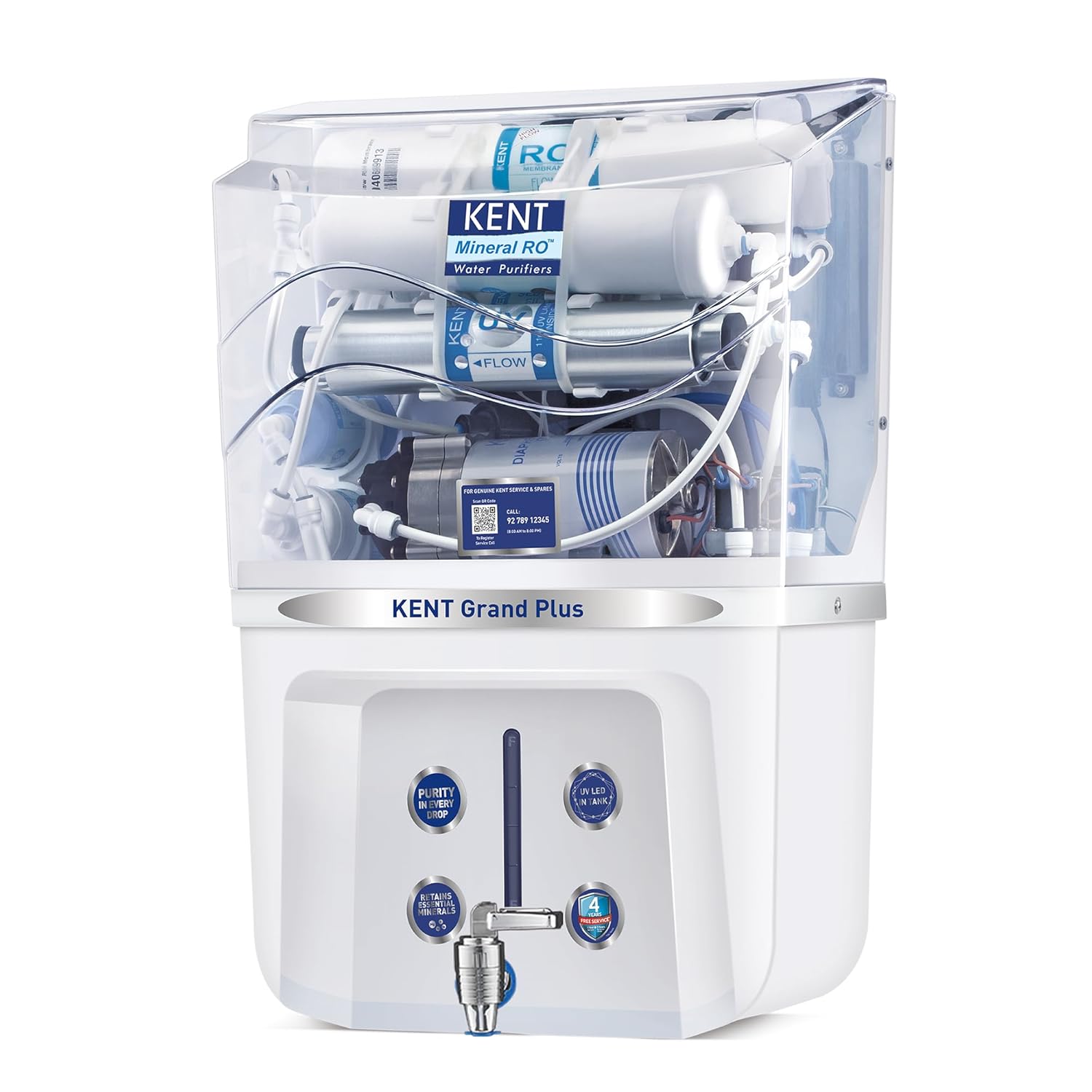 KENT Grand Plus RO Water Purifier | 4 Years Free Service | ISI Marked | Multiple Purification Process | RO + UV + UF + TDS Control + UV LED Tank | 9L Tank | 20 LPH Flow | Zero Water Mahajan Electronics Online
