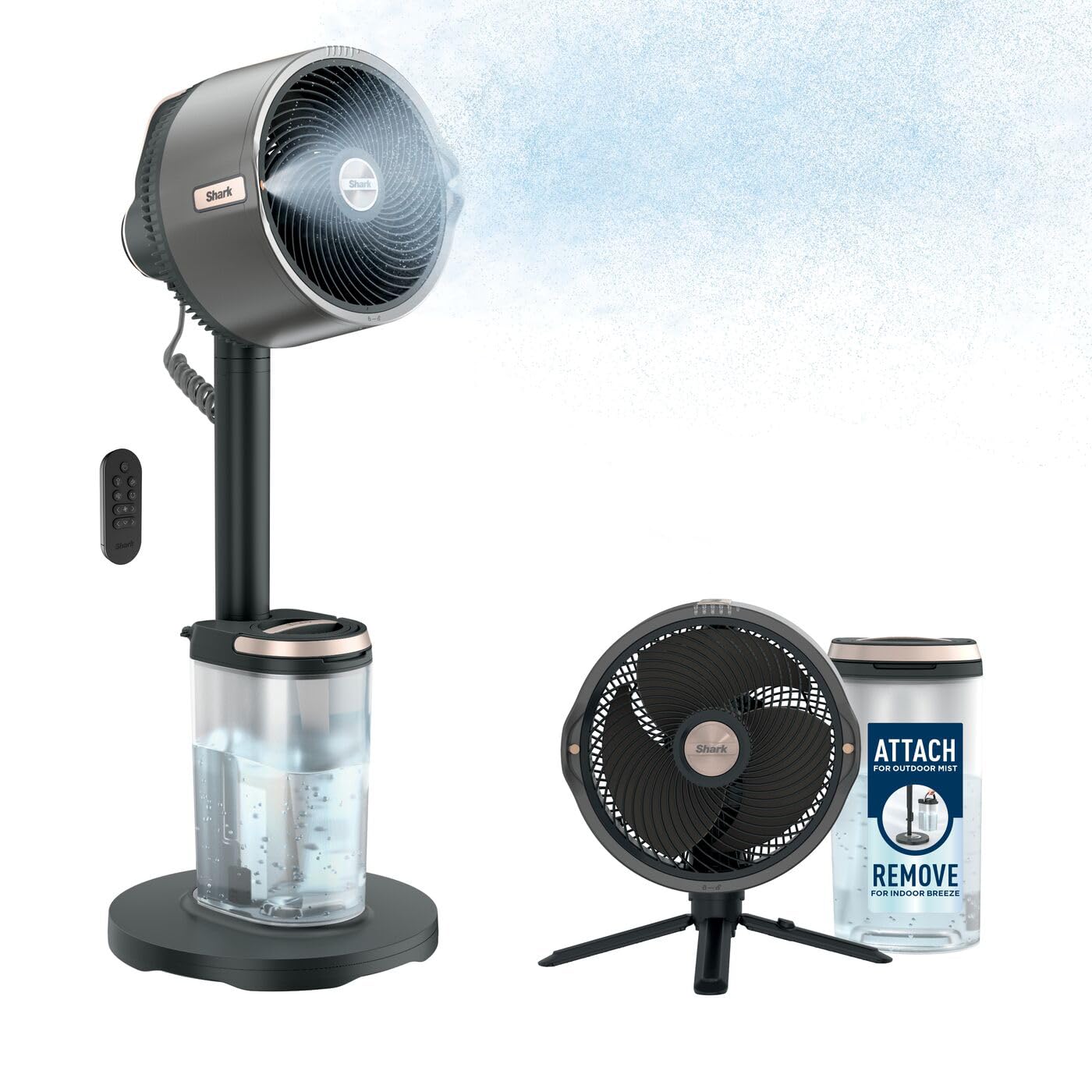 Shark FA300EU FlexBreeze Pro Mist Wireless Indoor/Outdoor Fan, Portable Mister, 20m Range, Free Standing or Tabletop, 5 Speed, Quiet, Remote Control, Charcoal Grey Shark