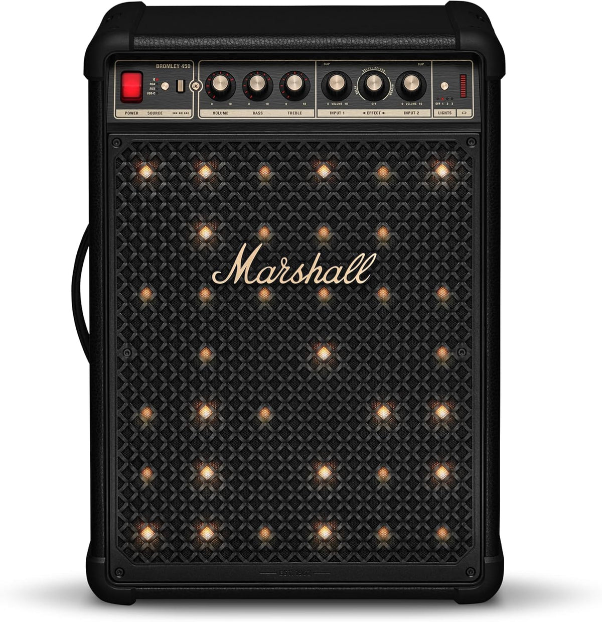 Marshall Bromley 450 Portable Party Speaker - Loud 360° Sound with Bass EQ Controls | 40+ Hours Playtime | Bluetooth, 3.5 mm AUX, RCA, Microphone, Instrument Inputs | LED Lights - Black and Brass Marshall