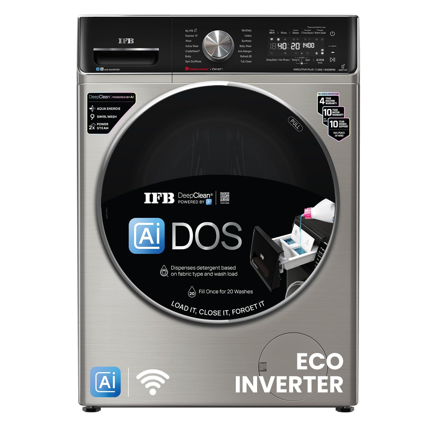 IFB EXECUTIVE PLUS VSG 1114 11 Kg 5 Star, DeepClean®, AI DOS, WiFi, Fully Automatic Front Load Washing Machine ( PowerSteam®, Oxyjet, 9 Swirl, Steam Refresh, Inbuilt Heater, Eco Inverter, SUS VCM) Mahajan Electronics Online
