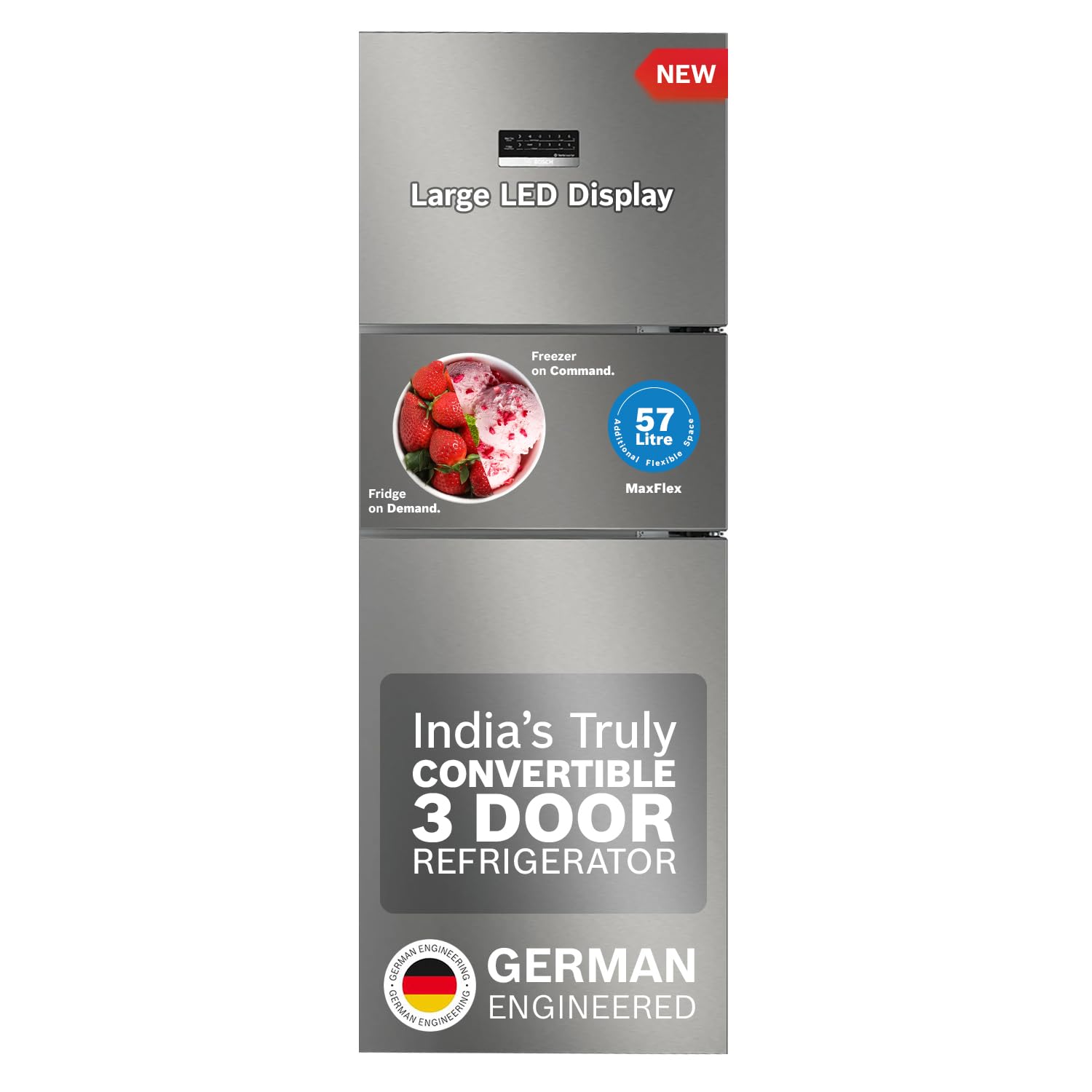 Bosch CMC33S03NI MaxFlex Convert 303L 3 Star Inverter Frost Free Triple Door Refrigerator ( 8-in-1 Convertible, UV Protected Body Shield, VitaFresh Technology, Adaptive UI, Sparkly Steel) Mahajan Electronics Online