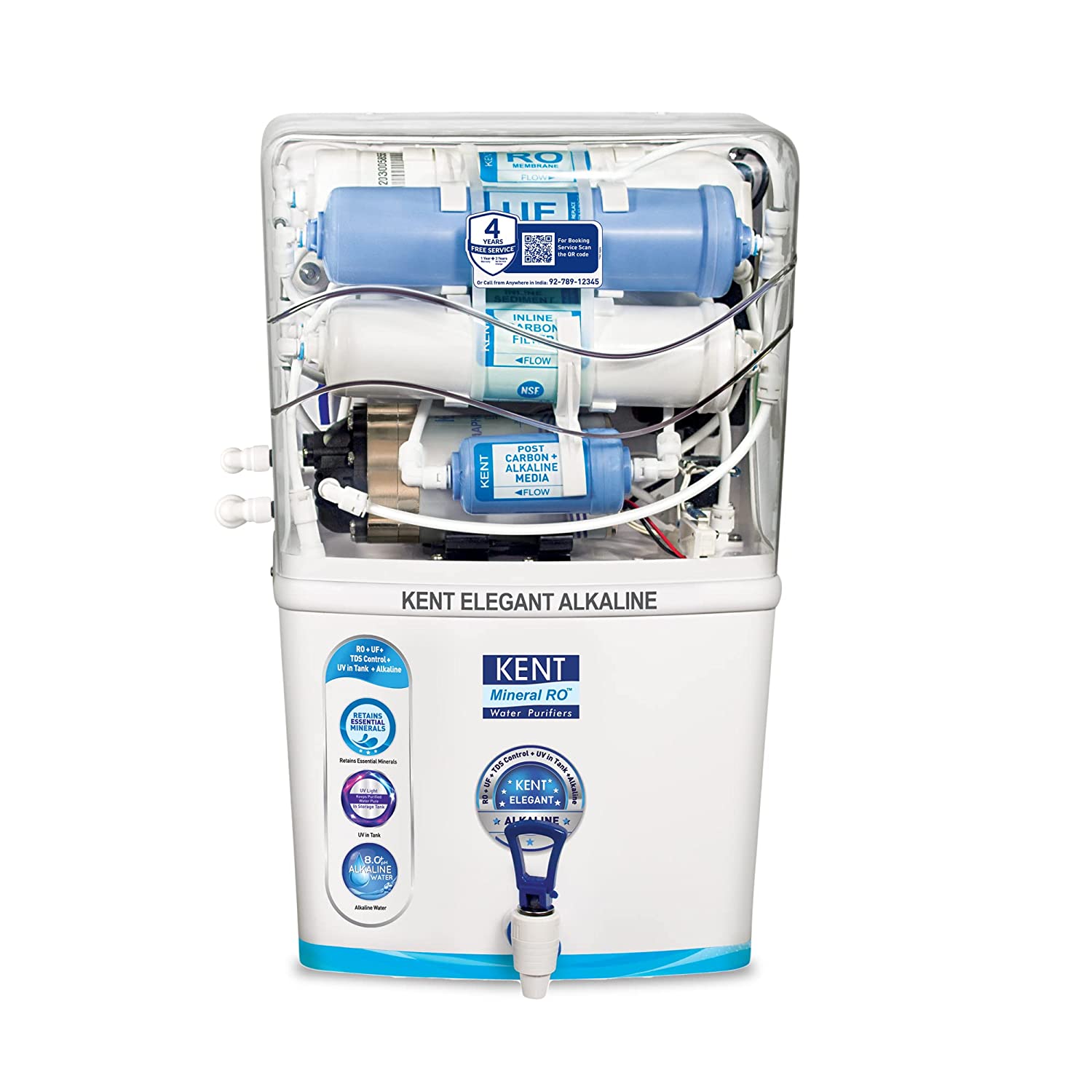 KENT Elegant Alkaline Compact RO+UF Water Purifier, Alkaline pH 8+ Water, Patented Mineral RO Technology, RO + UF + Alkaline + TDS Control + UV In-tank, 8L Storage, - Mahajan Electronics Online