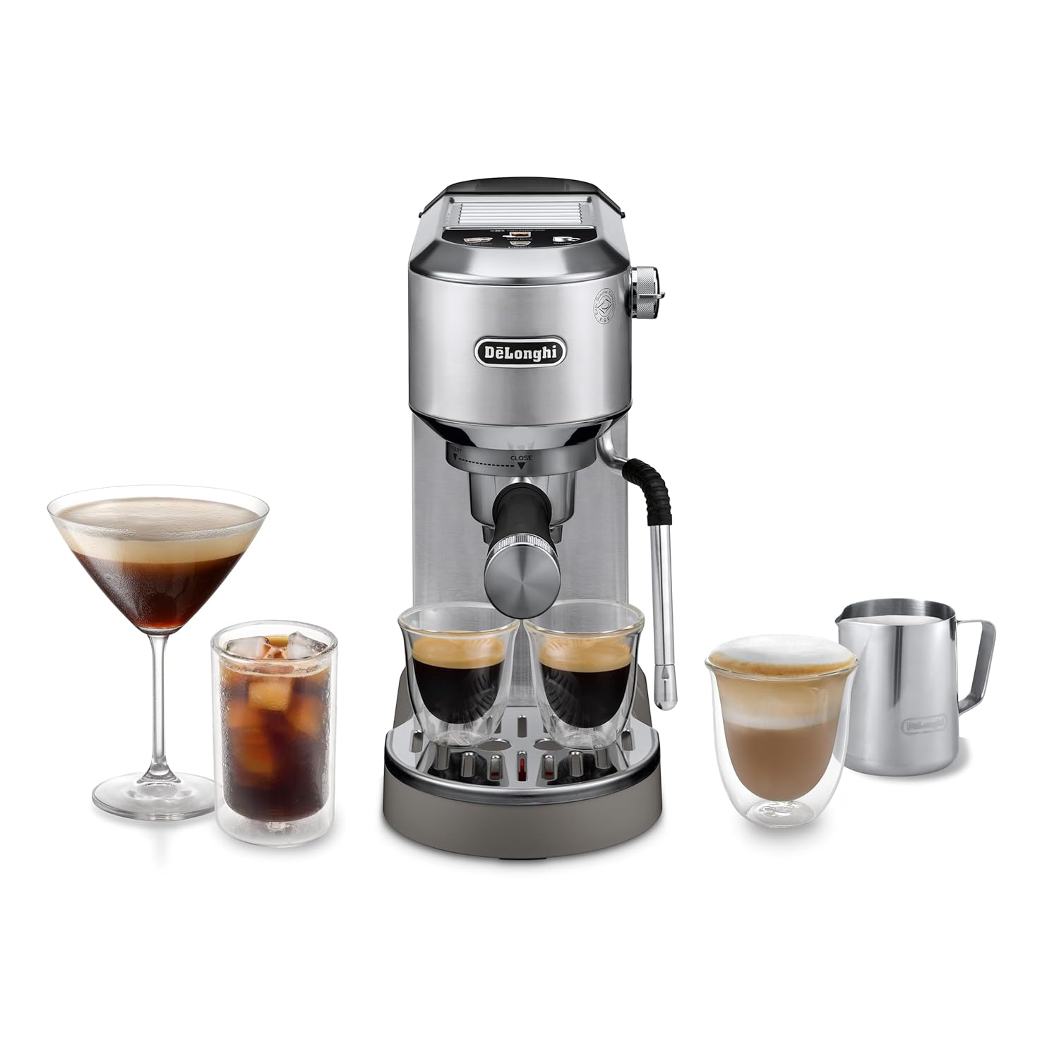 DeLonghi Dedica Duo EC890.M, Barista Coffee Machine with Pump, Espresso and Cold Brew, Manual Coffee Machine with LatteArt Steam Rod, 15 cm Wide, 2 Espresso, Touch Screen, Cup up to 13 cm, Metal Mahajan Electronics Online
