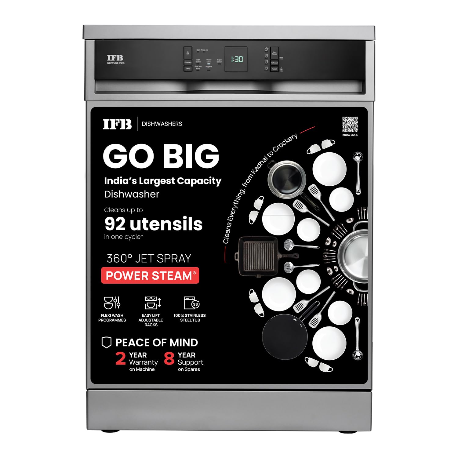 IFB Neptune VX15 15 Place Settings with DeepClean® Technology Freestanding Dishwasher ( Dark Silver, 70° Hot Water Wash with Hygienic Steam Drying, Perfect for Indian Utensils) Mahajan Electronics Online