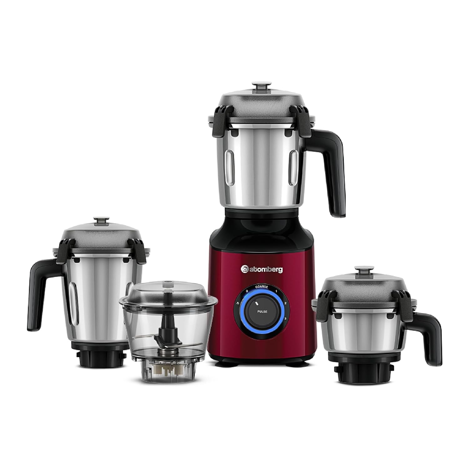 Atomberg Zenova Mixer Grinder | Unique Coarse Mode for Silbatta-like Texture | Intelligent BLDC Motor | Safety Features | 4 Jars including Chopper | Hands-Free Operation | Red Wine Mahajan Electronics Online