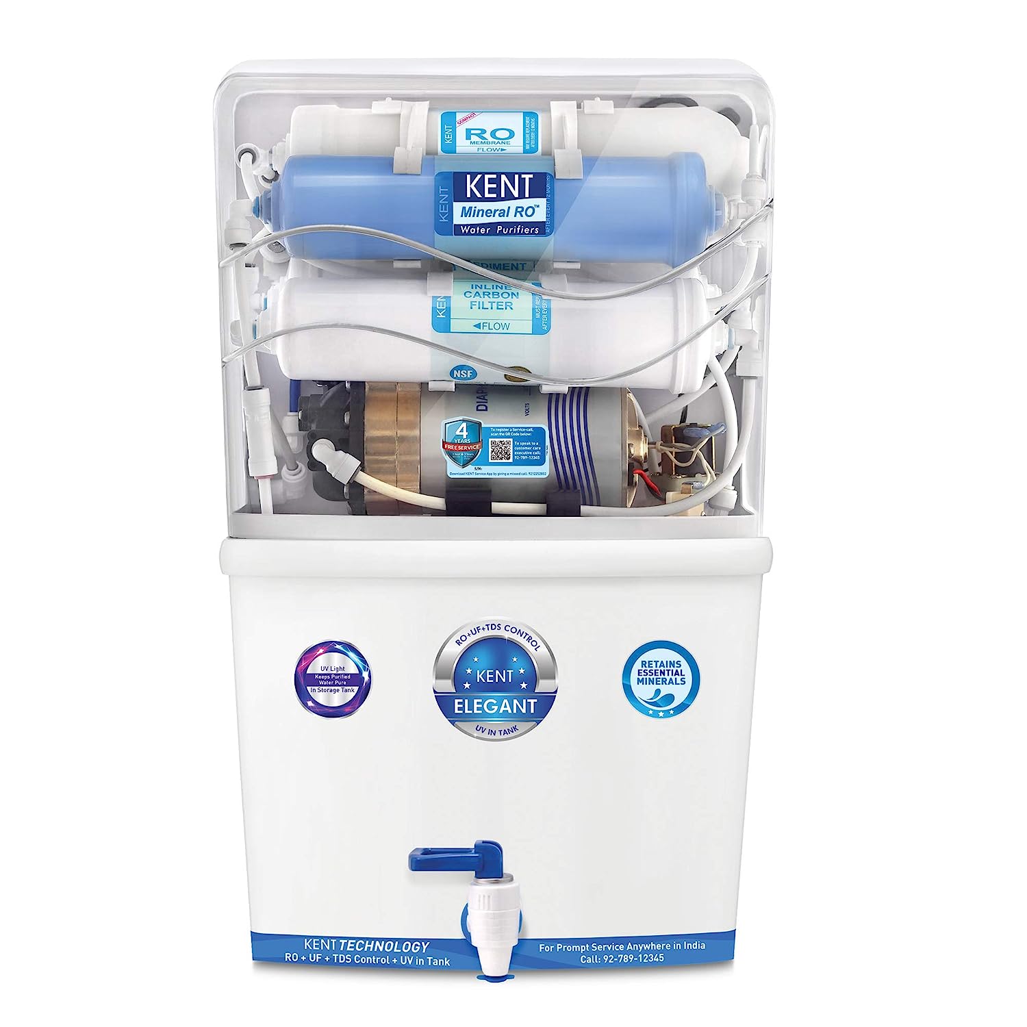 KENT Elegant Compact RO+UF Water Purifier | Patented Mineral RO Technology | RO + UF + TDS Control + UV In-tank | 15 LPH Output | 8L Storage - Mahajan Electronics Online