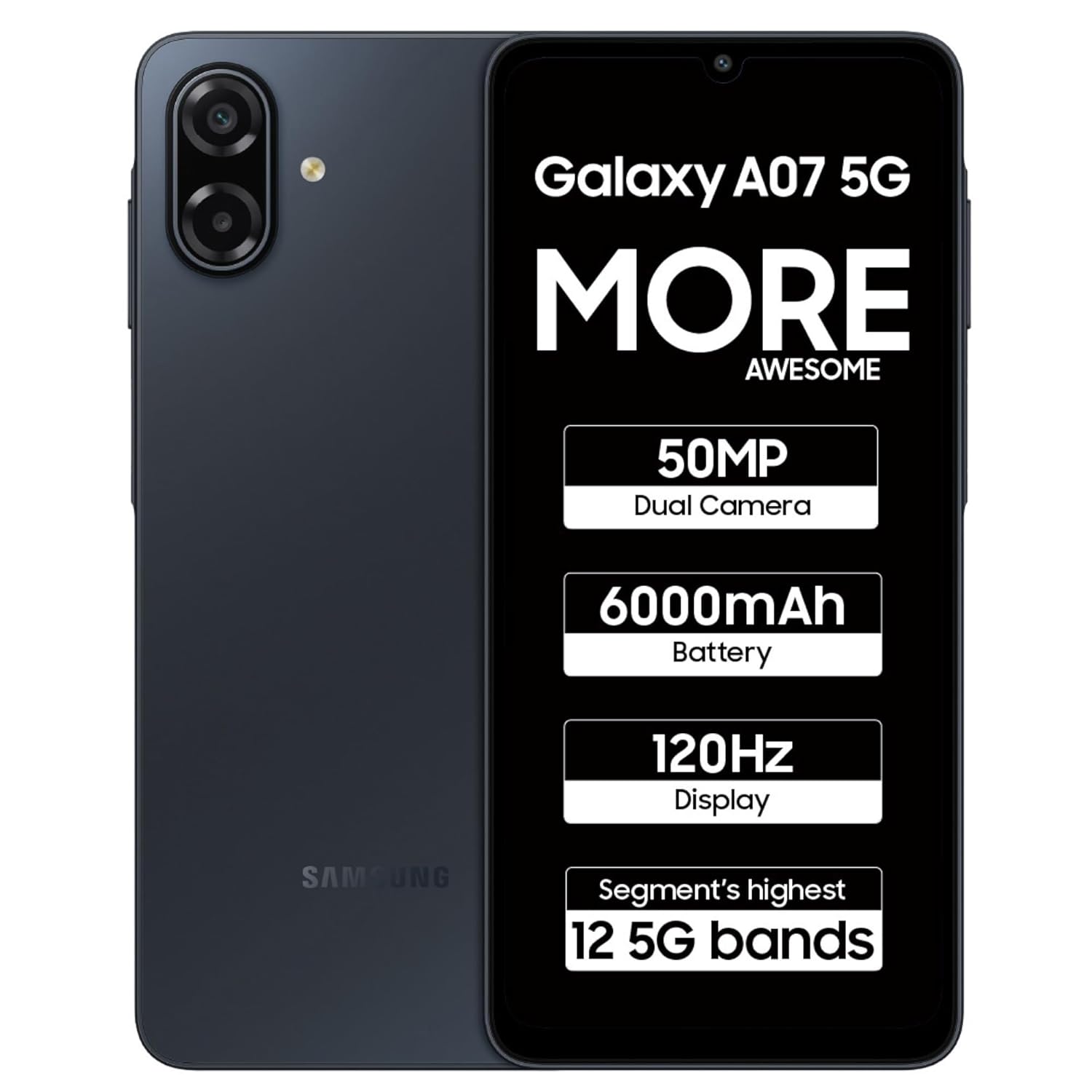 Samsung Galaxy A07 5G Smartphone (Black, 6GB RAM, 128GB Storage) | 120Hz Refresh Rate | Massive 6000mAh Battery | 50MP True Dual Camera | 6 Gen OS Upgrades | Knox Vault Mahajan Electronics Online