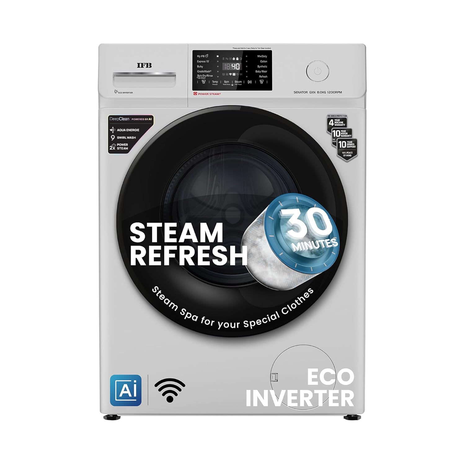 IFB SENATOR GXN 8012 CMS 8 Kg 5 Star, DeepClean® Technology, AI Powered, WiFi, Fully Automatic Front Load Washing Machine ( PowerSteam®, 9 Swirl, Steam Refresh, Inbuilt Heater, Eco Inverter, Grey)
