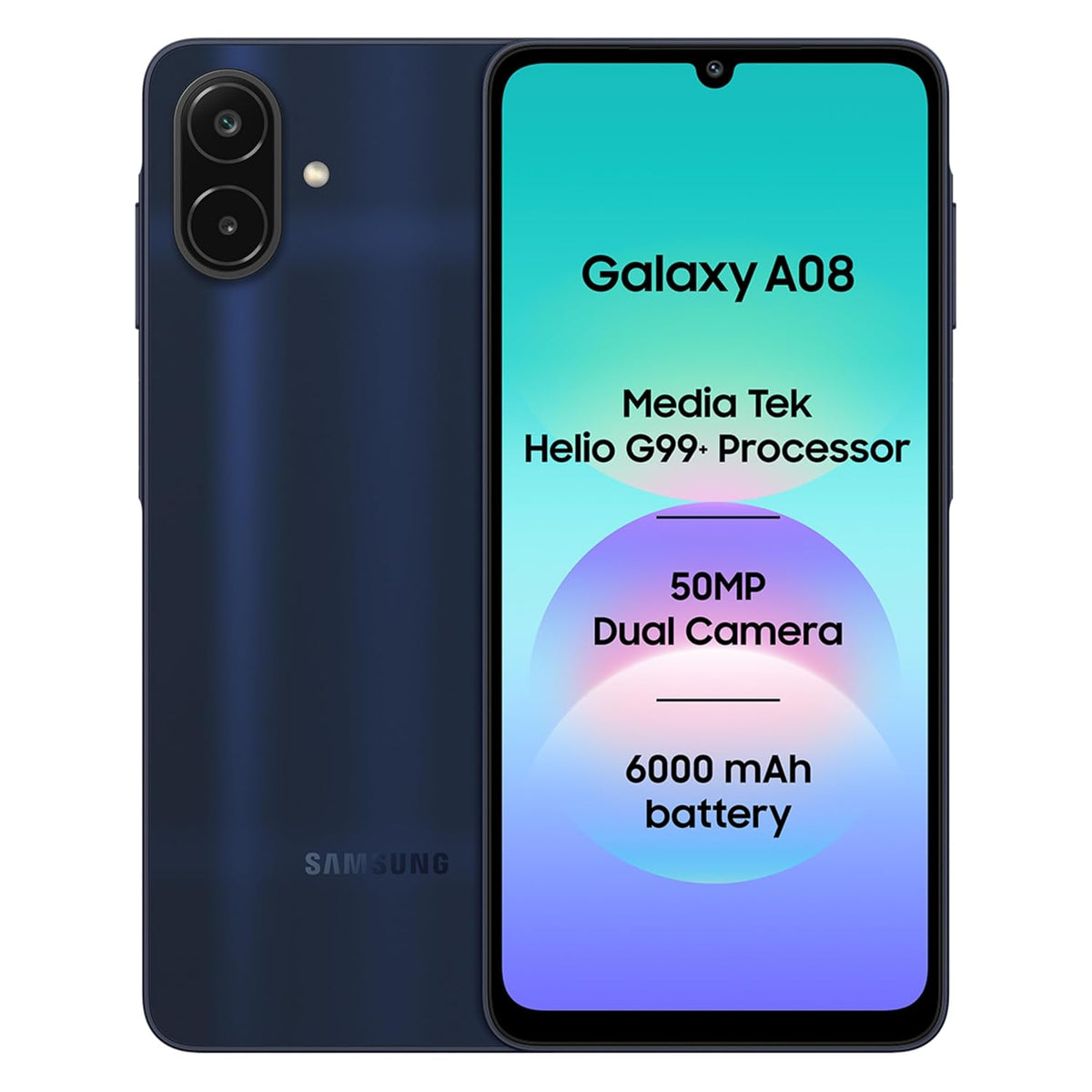 Samsung Galaxy A08 LTE (Dark Blue, 4GB RAM, 64GB Storage), MediaTek Helio G99+ (6nm), 50MP Dual Camera, 6000mAh Battery, IP64 Rating, 6 Gen OS Upgrades Samsung