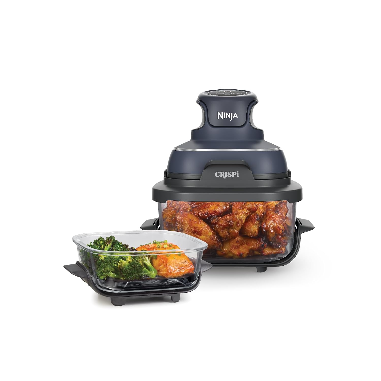 Ninja FN101EUGY CRISPi Portable Air Fryer, 3.8 L, 4-in-1: Airfry, Roasting, Keeping Warm, Crispy Warming, Space-Saving Compact Design, 2 Removable Glass Trays & Lids, 1700 W, Grey Ninja