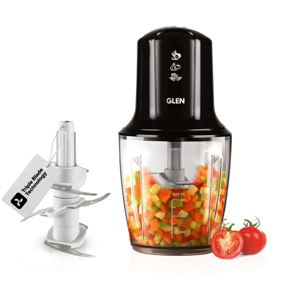 Glen SA 4042TU PLUS 300 Watts Electric Chopper for Kitchen Use, Large 600ml Bowl, Triple SS Blade Technology, Fruit & Vegetable Cutter, with Whisking Disc, Chops Onion & Nuts - Black Mahajan Electronics Online