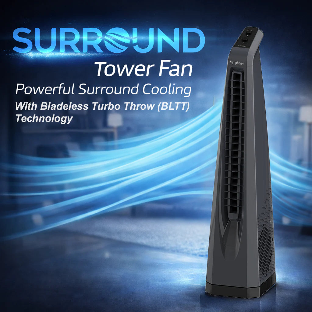 Symphony Surround Sr. Bladeless Tower Fan for Room | 90 Degree Swivel Action, Knob Control Panel | Low Power Consumption | Removable Dust Filter For Clean | 1 Year Warranty | Grey AFNTf03 Mahajan Electronics Online