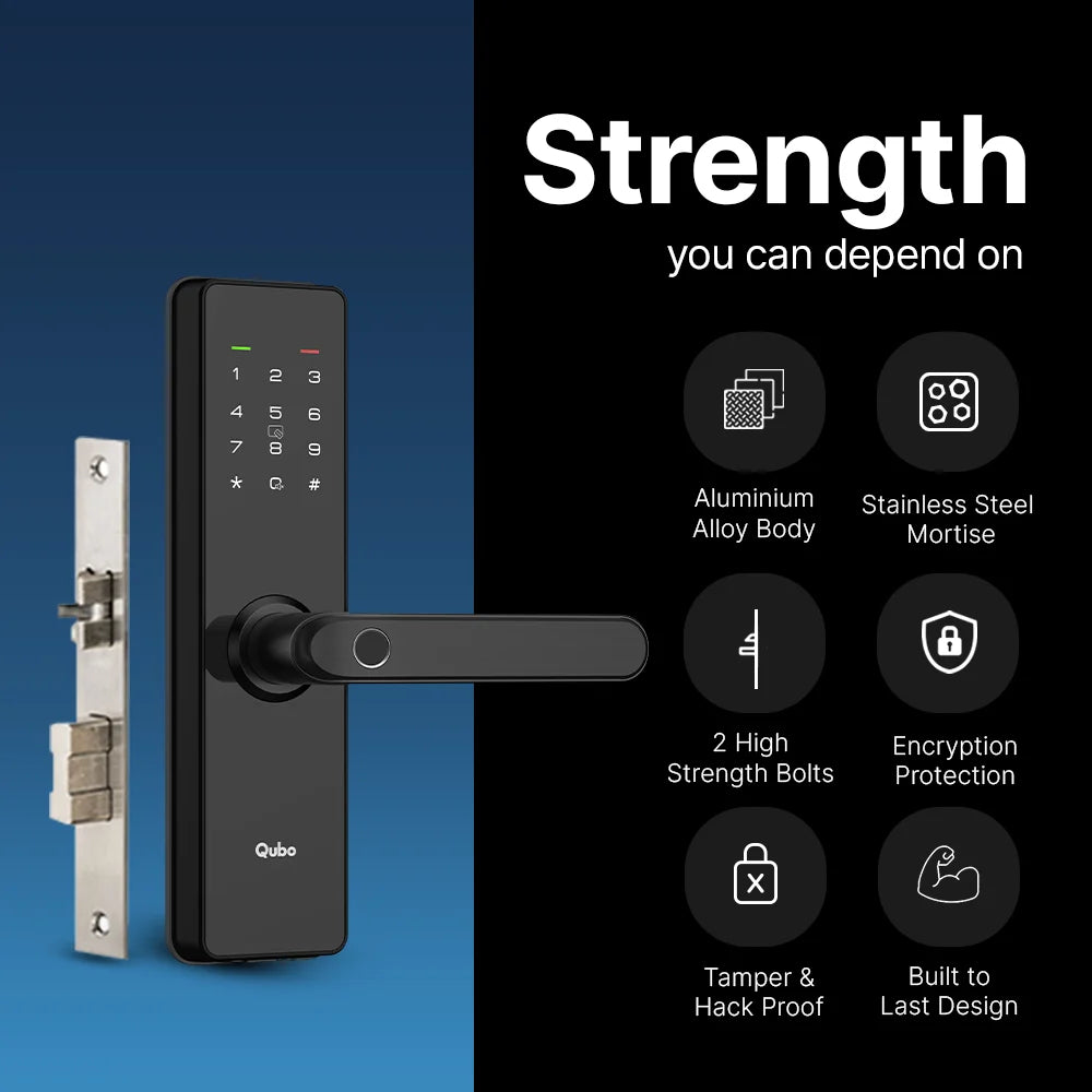 Qubo Smart Door Lock ALPHA (Black) | 5-in-1 Keyless Access | Fingerprint, PIN, RFID &amp; App Control | Aluminium Alloy | Mahajan Electronics Delhi NCR