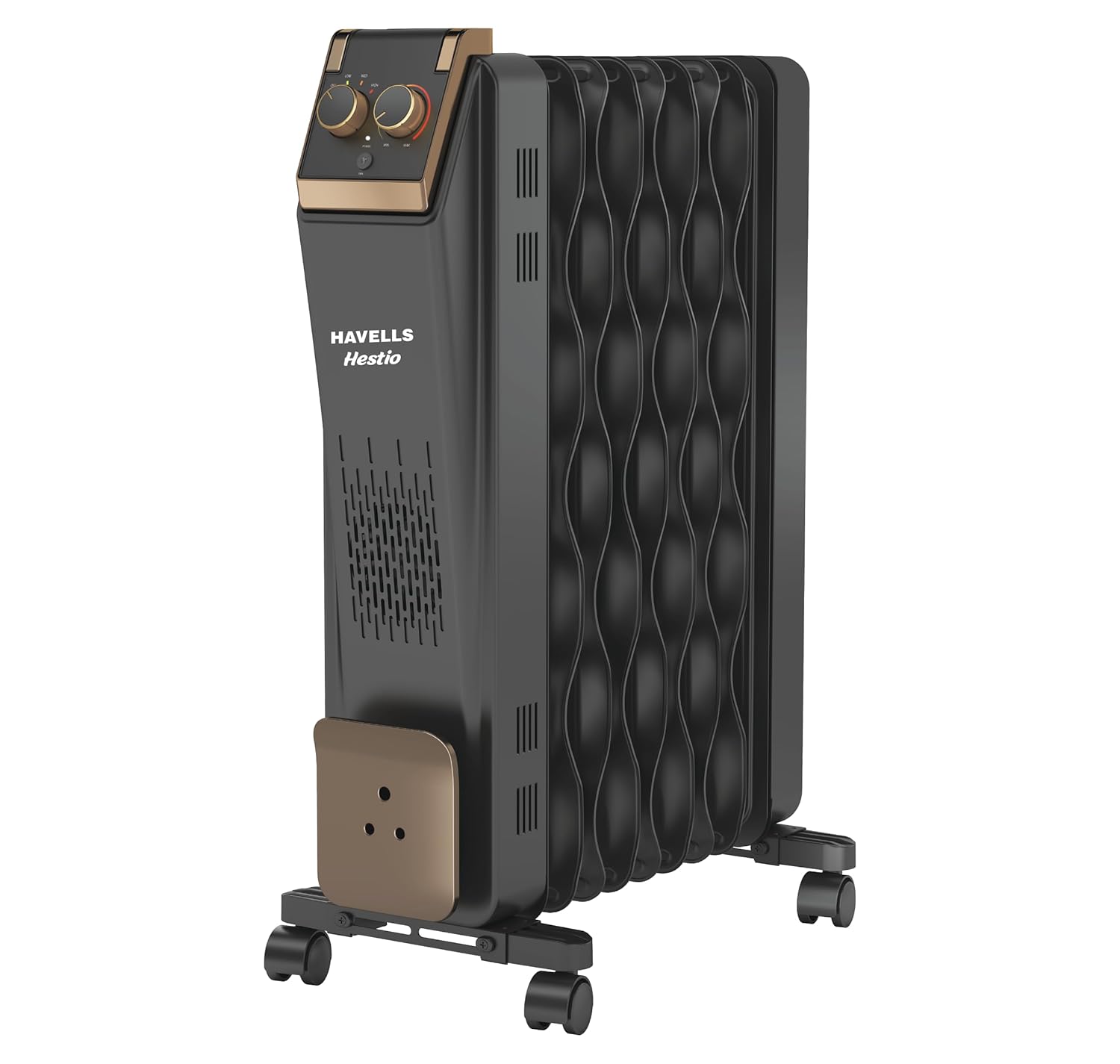 Havells GHROFCJK240 9 Fin Hestio Wave Fin OFR (Oil Filled Radiator)|Room Heater|2400 W|3 Heat Settings & PTC Fan Heater|Inclined Control Panel|Retractable Wheels| Comfortable Breathing|360° Heating (Black) Mahajan Electronics Online