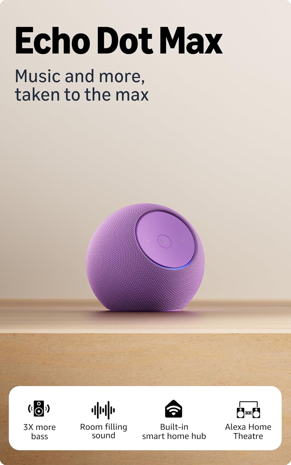 All-new Amazon Echo Dot Max, Alexa speaker with 3X bass and room-filling sound, hands-free smart home management, Bluetooth, Amethyst Amazon