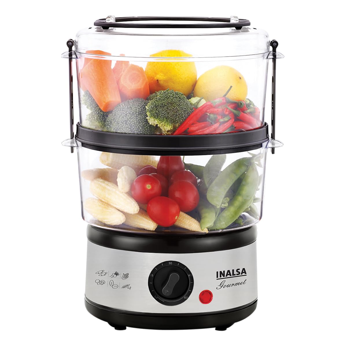 Inalsa 5L Gourmet Multi-Function 500W-Food Steamer & Egg Boiler with LED Indicator,BPA-Free 2 Tier Stackable Baskets,Stainless Steel Base,Fits 14 Eggs in One Go (Black/Silver) INALSA