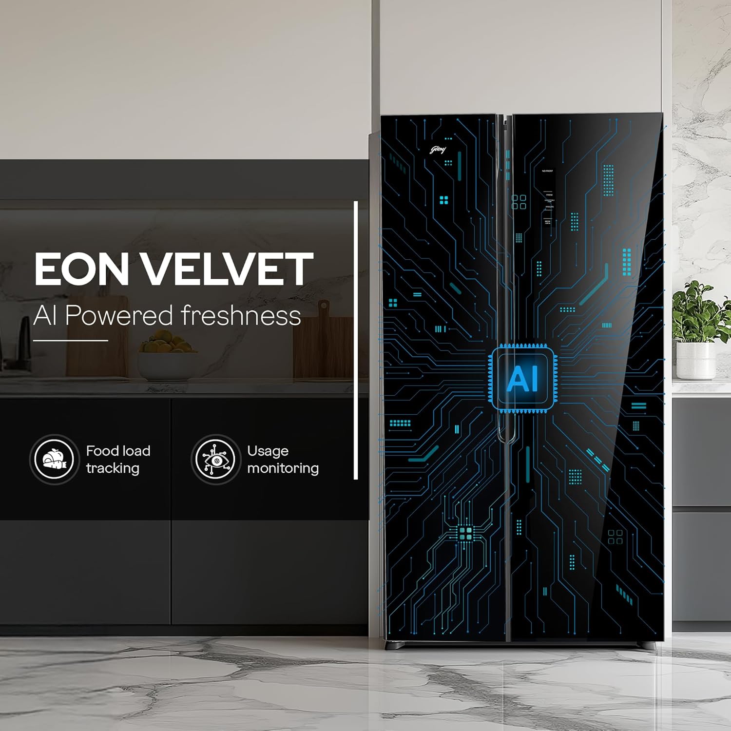 Godrej RS EONVELVET 646C RIT OP BK 600 L, 3 Star, 1+2 Years Additional Warranty, Smart Convertible Zones, Toughened Glass Door Frost Free Inverter Side By Side Refrigerator(2025 Model, Opera Black) Mahajan Electronics online