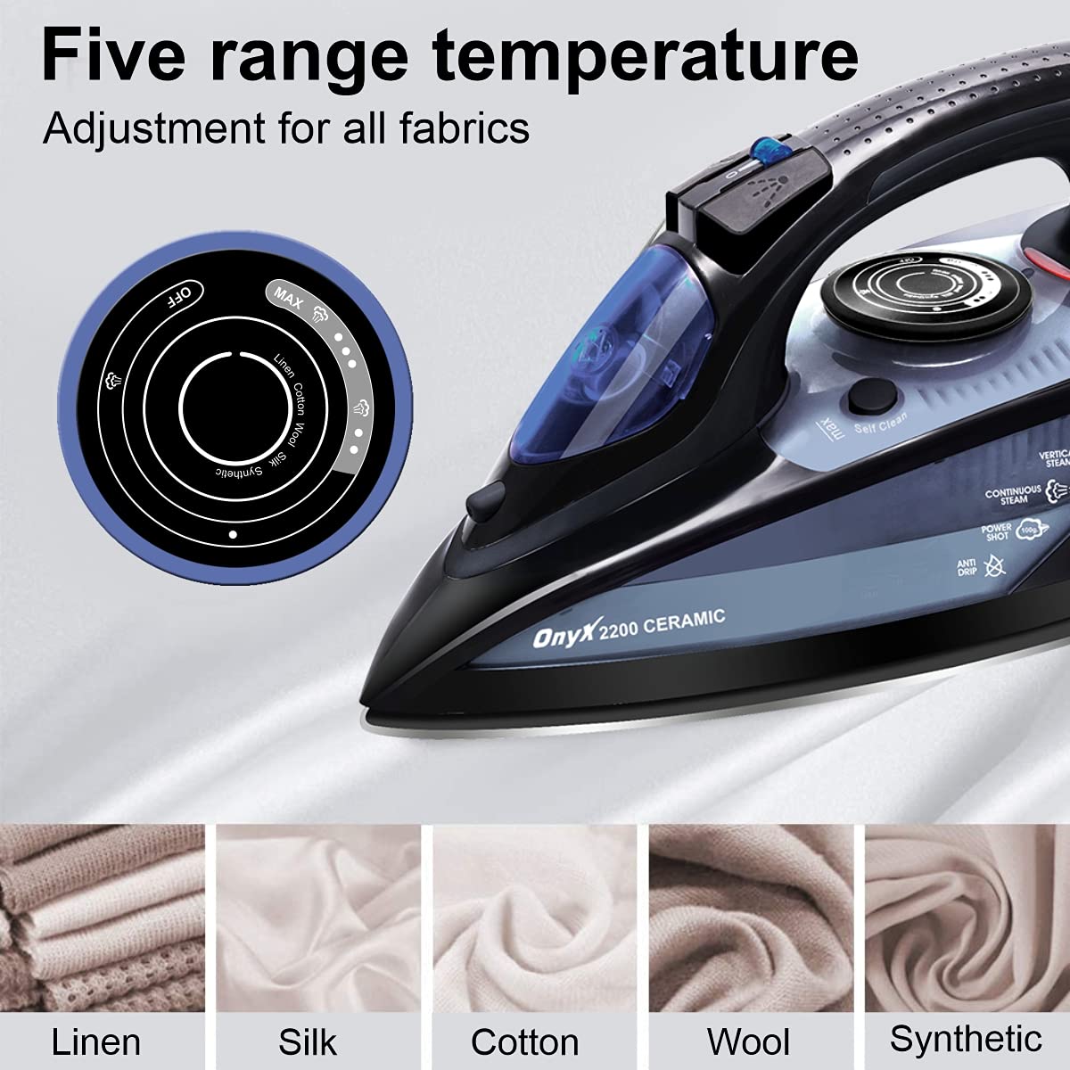 Inalsa Steam Iron Onyx 2200 Watt, Quick Heat Up with up to 30 g/min steam, 100 g steam Boost, Water Spray, Scratch Resistant Ceramic Soleplate, Vertical steam, Anti Drip & Anti Calc Functions. INALSA