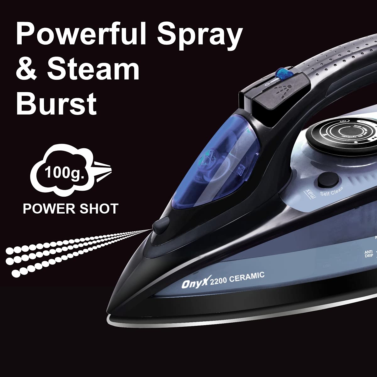 Inalsa Steam Iron Onyx 2200 Watt, Quick Heat Up with up to 30 g/min steam, 100 g steam Boost, Water Spray, Scratch Resistant Ceramic Soleplate, Vertical steam, Anti Drip & Anti Calc Functions. INALSA