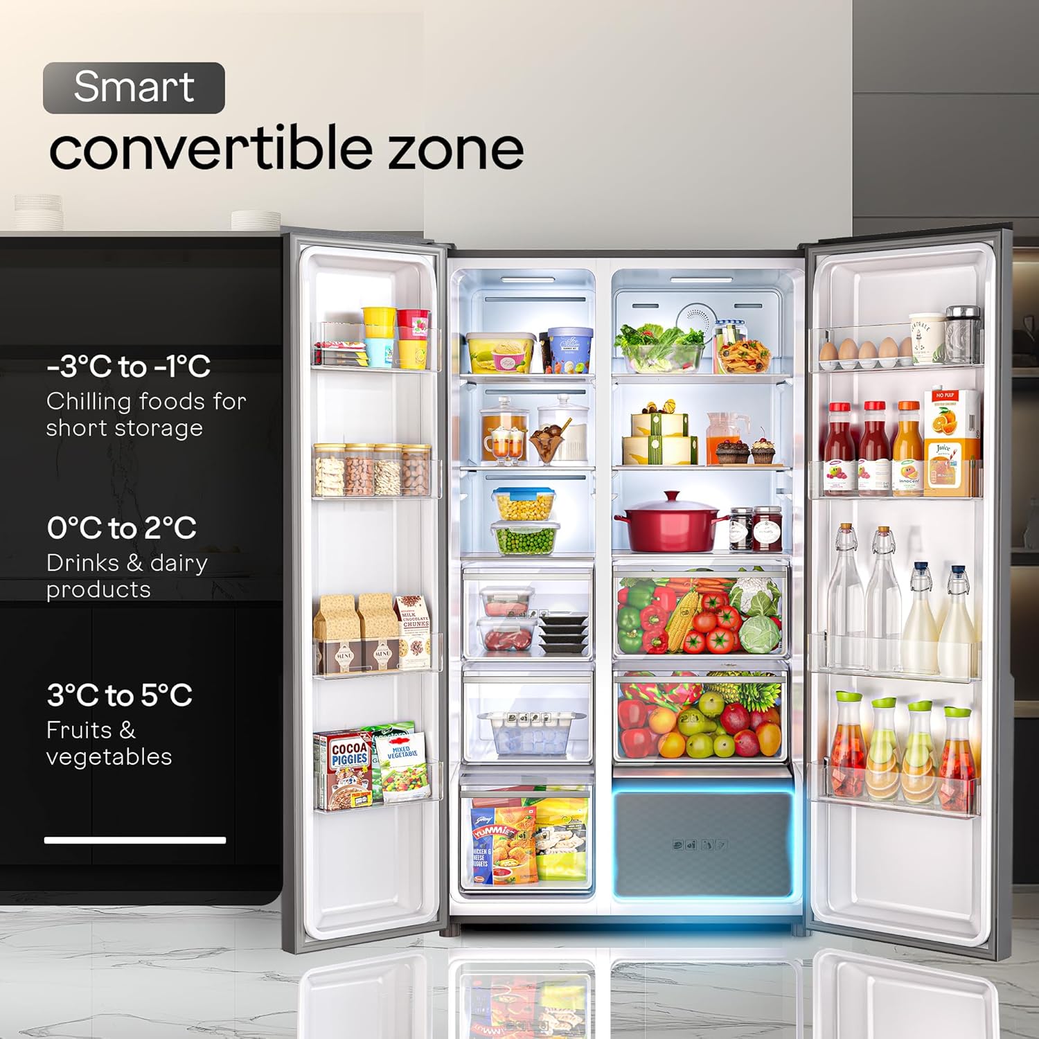 Godrej RS EONVELVET 646C RIT OP BK 600 L, 3 Star, 1+2 Years Additional Warranty, Smart Convertible Zones, Toughened Glass Door Frost Free Inverter Side By Side Refrigerator(2025 Model, Opera Black) Mahajan Electronics online