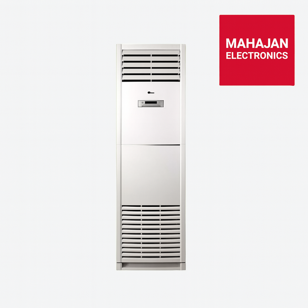 Tall white air conditioner with Mahajan Electronics logo on a white background