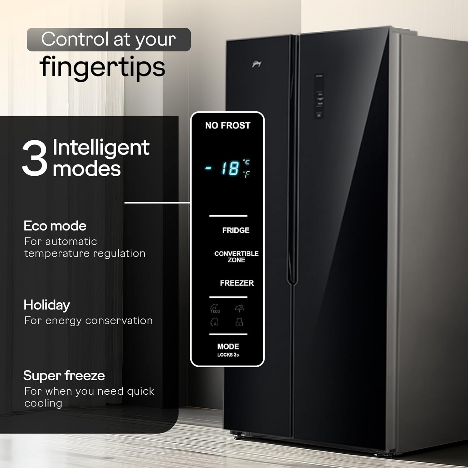Godrej RS EONVELVET 646C RIT OP BK 600 L, 3 Star, 1+2 Years Additional Warranty, Smart Convertible Zones, Toughened Glass Door Frost Free Inverter Side By Side Refrigerator(2025 Model, Opera Black) Mahajan Electronics online