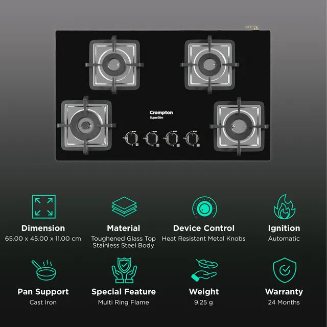 Crompton TAB-SUHB654-MBL SuperSlim Hobs Half Brass 65cm 4 Burners Midnight Black Mahajan Electronics Online