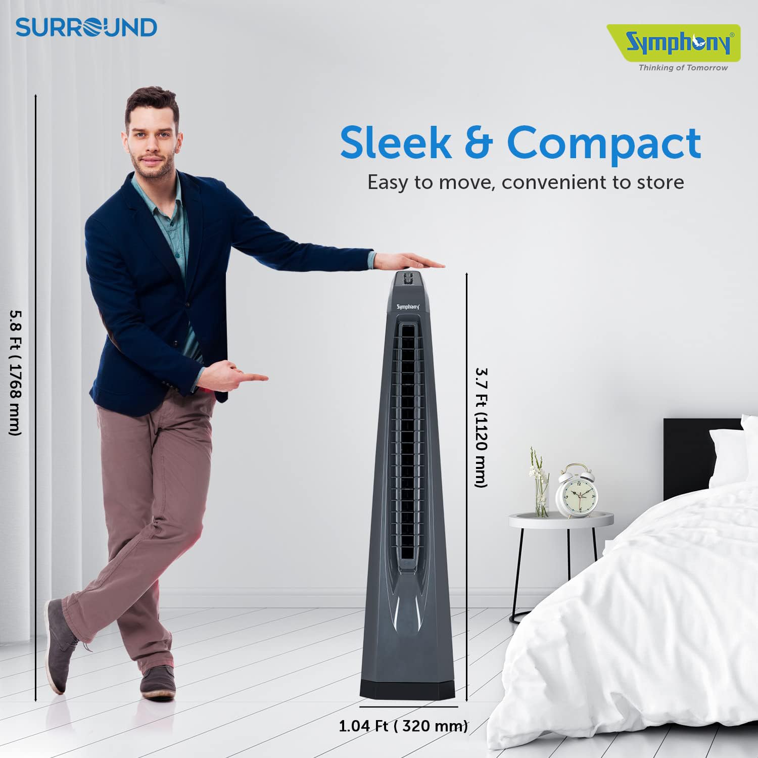 Symphony Surround Bladeless Tower Fan for Room & Office | High-Speed with Swivel Action & Simple Knob Control | Low Power Consumption | 1 Year Warranty | Grey Mahajan Electronics Online