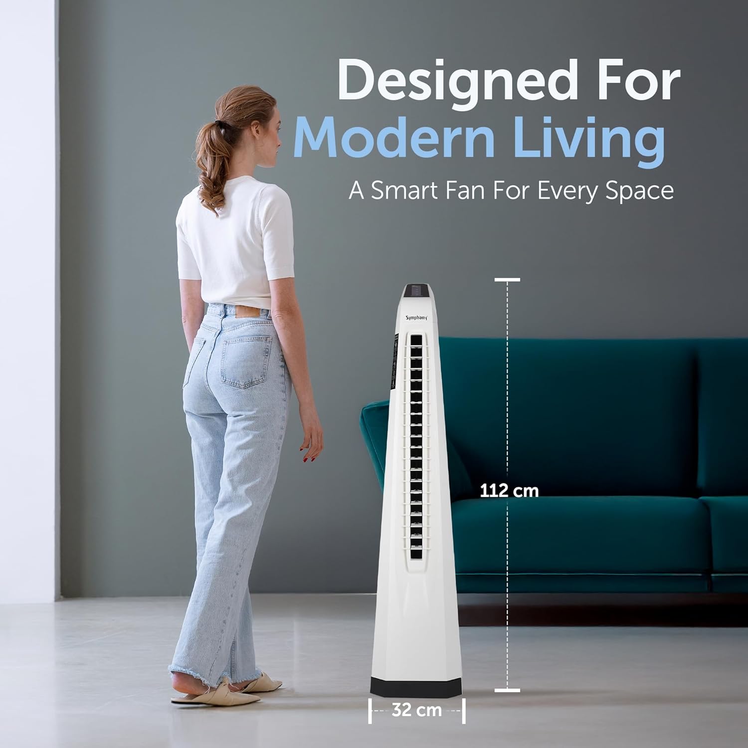 Symphony Surround-i Bladeless Tower Fan for Room | High-Speed with Swivel Action, Touchscreen Control Panel & Remote | 1 Year Warranty | White Mahajan Electronics Online